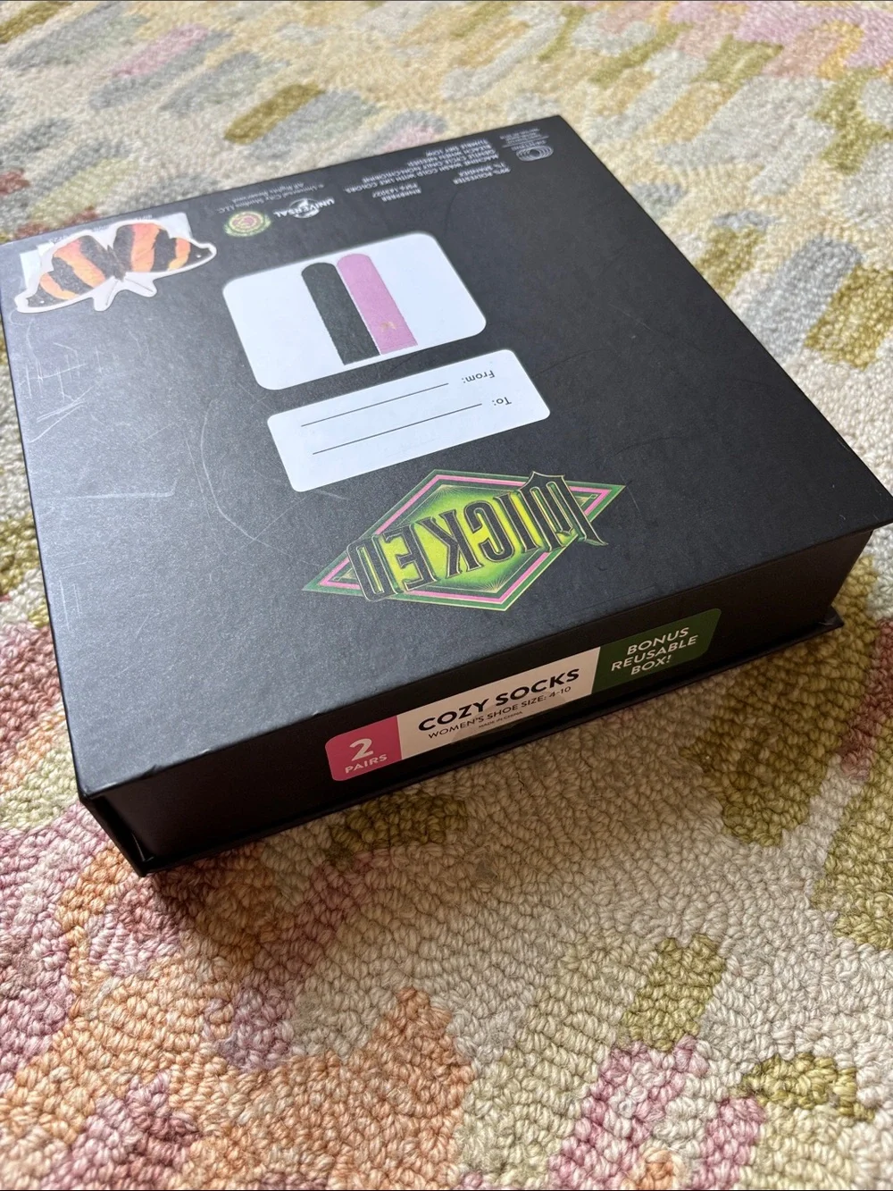Wicked Cozy Socks (2 prs) Fun Reusable iridescent glitter box Black + Pink NWT